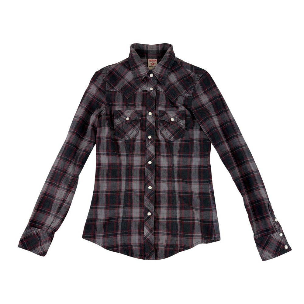 True Religion Flannel Shirt Womens Small Grey Red Plaid Western Pearl Snap